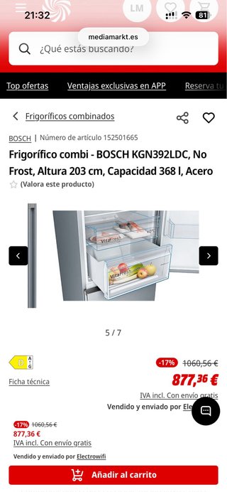 Frigorífico Bosch KGN392LDC No Frost