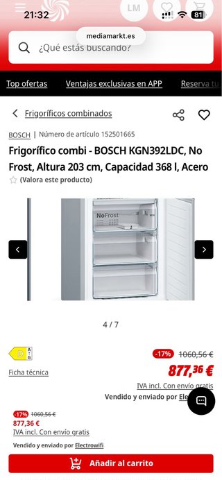 Frigorífico Bosch KGN392LDC No Frost