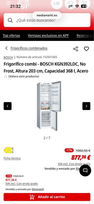 Frigorífico Bosch KGN392LDC No Frost