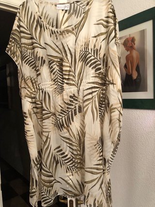 Blusón Túnica Gasa Estampado Hojas Beige Verde