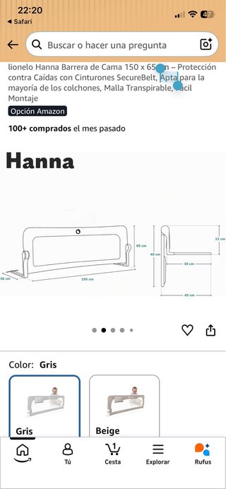 Barrera de Cama Infantil Lionelo Gris