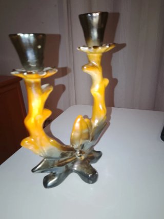Candelabro de cerámica antiguo multicolor