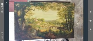 CUADRO ÓLEO GRANDE Paisaje Iglesia Puente Río