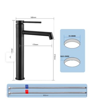 Grifo alto negro mate para lavabo 24cm. Nuevo. Sin