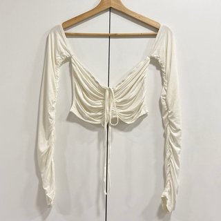 Talla XS - Top blanco fruncido manga larga