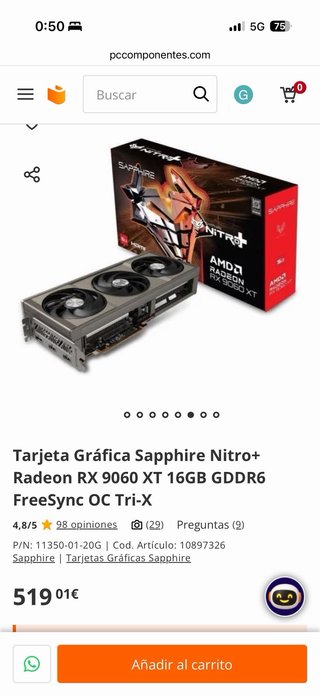 Tarjeta Gráfica AMD RX9060XT 16GB sapphire nitro +