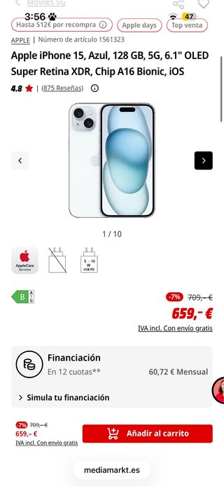 Cambio iPhone 15 128GB Azul en perfecto estado