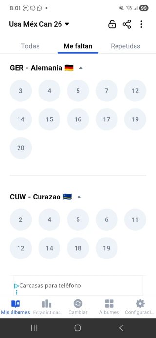 Cromos Faltantes Mundial CAMBIO