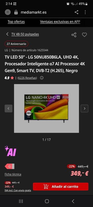 TV Smart TV LG NANO 4K UHD AI NU85 50 pulgadas 4K