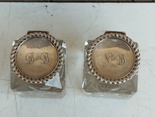 Antica coppia calamai in vetro e argento inglese