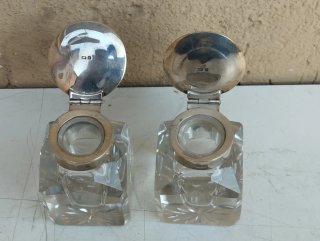 Antica coppia calamai in vetro e argento inglese