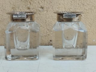 Antica coppia calamai in vetro e argento inglese