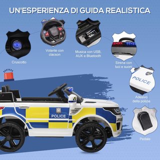 Coche Eléctrico para Niños de Policía, Coche Eléctrico de 12V para Niños con Control Remoto, Sirena, Luces, Conexión USB para Música, 110X68X52Cm, Blanco