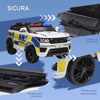 Coche Eléctrico para Niños de Policía, Coche Eléctrico de 12V para Niños con Control Remoto, Sirena, Luces, Conexión USB para Música, 110X68X52Cm, Blanco