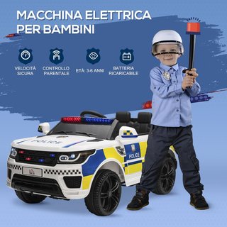 Coche Eléctrico para Niños de Policía, Coche Eléctrico de 12V para Niños con Control Remoto, Sirena, Luces, Conexión USB para Música, 110X68X52Cm, Blanco