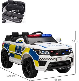 Coche Eléctrico para Niños de Policía, Coche Eléctrico de 12V para Niños con Control Remoto, Sirena, Luces, Conexión USB para Música, 110X68X52Cm, Blanco
