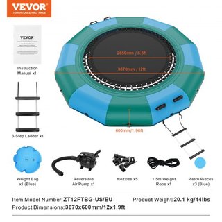 Bouncer de Agua Inflable, Trampolín Recreativo de 12 pies, Plataforma de Salto Portátil con Escalera de 3 Pasos y Bomba de Aire Eléctrica, Rebotador Flotante para Niños y Adultos para Piscina, Lag...