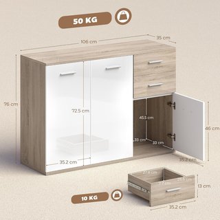 Credenza de Salón Con 3 Armarios Y 2 Cajones, Mueble de Salón Moderno Ahorra Espacio Con Estante Regulable en Madera, 106X35X76 Cm, Color Madera