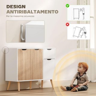 Mueble Multiusos Con Cajón Y Armarios, Credenza Estilo Nórdico en Madera para Dormitorio, Sala de Estar, Estudio, 90X30X72 Cm, Blanco Y Color Madera