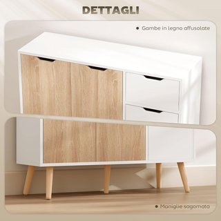 Mueble Multiusos Con Cajón Y Armarios, Credenza Estilo Nórdico en Madera para Dormitorio, Sala de Estar, Estudio, 90X30X72 Cm, Blanco Y Color Madera