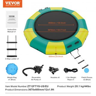 Bouncer de Agua Inflable, Trampolín Recreativo de Agua de 12 pies, Plataforma de Salto Portátil con Escalera de 3 Pasos y Bomba de Aire Eléctrica, Rebotador Flotante para Niños y Adultos para Pisc...