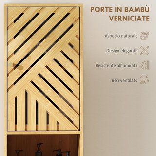 Mobile da Bagno Alto a Colonna con Porte in Bambù, 2 Ripiani Aperti, 2 Armadi, Mobile da Bagno Salvaspazio con Ripiani Regolabili per Soggiorno, 32X30X170 Cm, Colore Legno