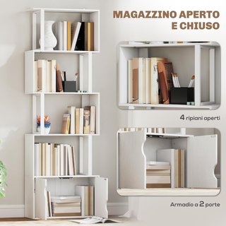 Estantería de 5 Niveles, Estantería Vertical Ahorra Espacio en Forma de S con Armario de 2 Puertas, Estante Divisor para Sala, Sala de Estar, Dormitorio y Oficina, 60X23.8X179.2Cm, Blanco