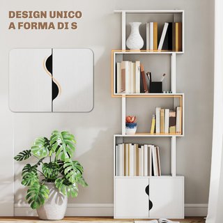 Estantería de 5 Niveles, Estantería Vertical Ahorra Espacio en Forma de S con Armario de 2 Puertas, Estante Divisor para Sala, Sala de Estar, Dormitorio y Oficina, 60X23.8X179.2Cm, Blanco