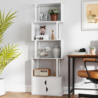 Estantería de 5 Niveles, Estantería Vertical Ahorra Espacio en Forma de S con Armario de 2 Puertas, Estante Divisor para Sala, Sala de Estar, Dormitorio y Oficina, 60X23.8X179.2Cm, Blanco