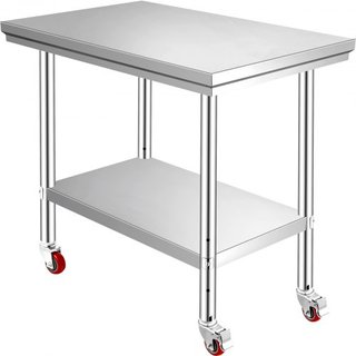 Banco da Lavoro in Acciaio Inox 30 x 24 x 33 Pollici, Capacità di Carico 700 LBS con 4 Ruote, 3 Livelli di Altezza Regolabili, Banco da Lavoro Pesante per Preparazione Cibo in Cucina...