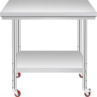 Banco da Lavoro in Acciaio Inox 30 x 24 x 33 Pollici, Capacità di Carico 700 LBS con 4 Ruote, 3 Livelli di Altezza Regolabili, Banco da Lavoro Pesante per Preparazione Cibo in Cucina...