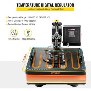 Máquina de Prensa Térmica, 15 x 15 Pulgadas, 5 en 1 Combo de T-Shirt Sublimación Transfer Printer con Recubrimiento de Teflón, Accesorios para Taza/Gorra/Plato Incluidos, Certificado ETL/FCC, Negro