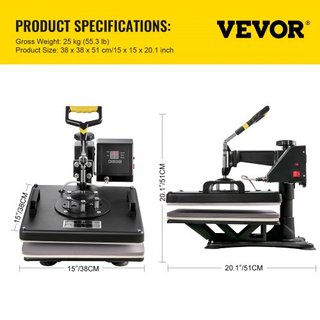 Máquina de Prensa Térmica, 15 x 15 Pulgadas, 5 en 1 Combo de T-Shirt Sublimación Transfer Printer con Recubrimiento de Teflón, Accesorios para Taza/Gorra/Plato Incluidos, Certificado ETL/FCC, Negro