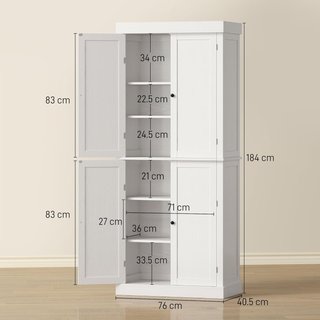 Armario de Cocina Alto Con 6 Estantes Y 2 Puertas, Alacena Con Estantes Regulables en Madera, 76X40.5X184 Cm, Blanco