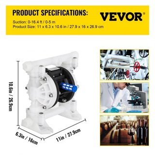 Bomba de Diafragma Doble de Aire 7GPM 100PSI Bomba de Agua de Diafragma de Polipropileno con Puertos de Entrada y Salida de 1.3 cm Bomba de Diafragma de Aire 6900.7 cm de Altura Máxima Bomba de Di...