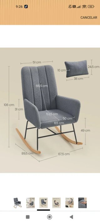 Mecedora gris con cojín lumbar, ideal lactancia