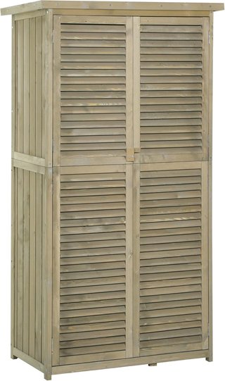 Caseta de Herramientas de Jardín de Madera de Abeto y Pino con 4 Compartimentos, Armario de Exterior para Herramientas de Jardín con Techo Impermeable, 87X46.5X160Cm, Gris