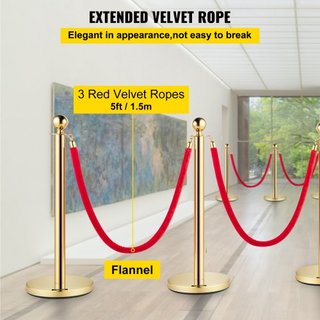 Conjunto de 2 postes de barrera de control de cola de oro con parte superior redonda, soportes de seguridad, separador de cuerda de acero inoxidable con 1.5M de cuerda de terciopelo roja 4 piezas