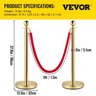 Conjunto de 2 postes de barrera de control de cola de oro con parte superior redonda, soportes de seguridad, separador de cuerda de acero inoxidable con 1.5M de cuerda de terciopelo roja 4 piezas