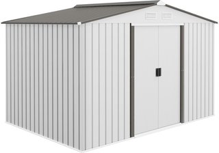 Caseta De Jardín 5M² De Acero Galvanizado Con Kit De Fundación, Ventilaciones, Caseta De Jardín Con Techo Inclinado, Doble Puerta Corredera Bloqueable, Caseta Para Herramientas, Blanca