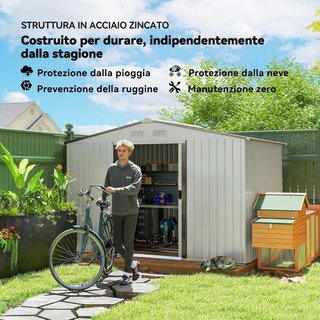 Caseta De Jardín 5M² De Acero Galvanizado Con Kit De Fundación, Ventilaciones, Caseta De Jardín Con Techo Inclinado, Doble Puerta Corredera Bloqueable, Caseta Para Herramientas, Blanca