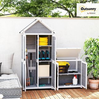 Cobertizo para Herramientas de Jardín 0.32M² en Madera de Abeto, Caseta de Herramientas de Jardín con Armario, Estantes Regulables, Base Elevada y Techo Abierto Impermeable, Gris Claro