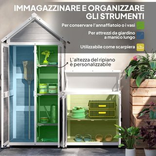 Cobertizo para Herramientas de Jardín 0.32M² en Madera de Abeto, Caseta de Herramientas de Jardín con Armario, Estantes Regulables, Base Elevada y Techo Abierto Impermeable, Gris Claro