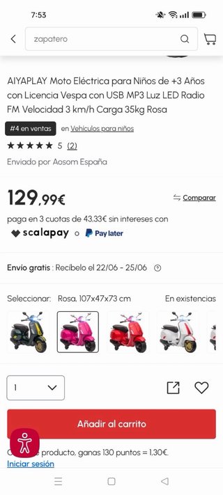 Moto Infantil Eléctrica Vespa Rosa