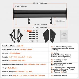 Spoiler Trasero Universal Estilo GT Alerón Ajustable para Maletero Coche de Carreras 53.1"/135 cm