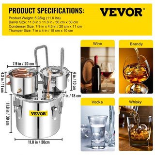 Still Distiller 5Gal 21L Destilador de Agua de Acero Inoxidable con Tubo de Cobre y Bomba de Circulación Kit de Elaboración en Casa Termómetro Integrado para Whisky Vino Brandy Licores