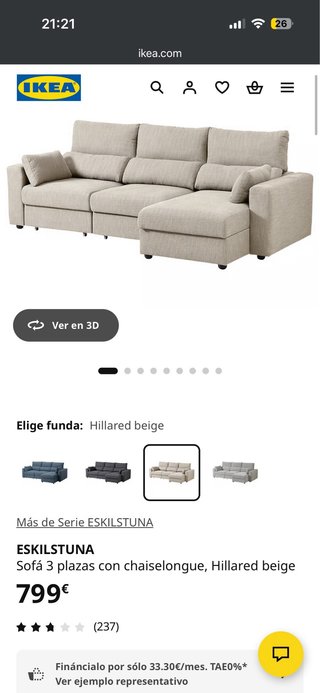 Sofá chaise longue beige 3 plazas Ikea ESKILSTUNA