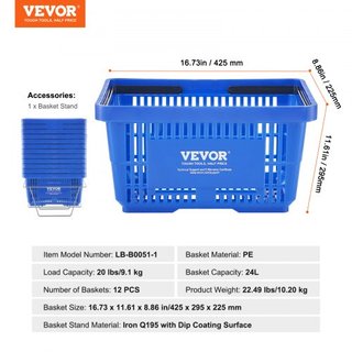 Cesta de Compras, Juego de 12, Cesta de Plástico Duradera de 24L con Asa y Soporte, Cesta Portátil para Tienda de 16.73 x 11.61 x 8.86 pulgadas Usada en Tiendas Minoristas Supermercados Compras de...