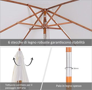 Ombrellone da Giardino Inclinabile 2X1.5 M con Sistema di Corda e Presa d'Aria, Ombrellone da Esterno a 6 Aste, in Legno, Bambù e Poliestere 180G/㎡, per Patio Balcone Terrazza, Crema