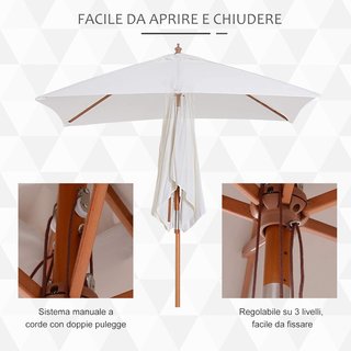 Ombrellone da Giardino Inclinabile 2X1.5 M con Sistema di Corda e Presa d'Aria, Ombrellone da Esterno a 6 Aste, in Legno, Bambù e Poliestere 180G/㎡, per Patio Balcone Terrazza, Crema